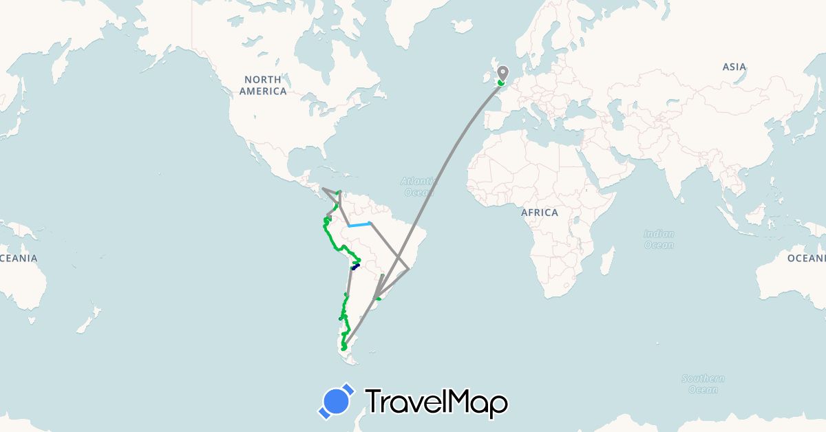 TravelMap itinerary: driving, bus, plane, cycling, train, hiking, boat, motorbike in Argentina, Bolivia, Brazil, Chile, Colombia, Ecuador, United Kingdom, Peru, Uruguay (Europe, South America)